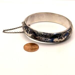 Vintage 50s Stamped Siam Sterling Silver Blue Niello Hinged Bangle